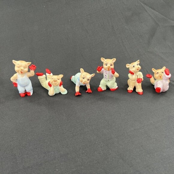 Mid Century Modern Porcelain Pigs Tumbling Made in Japan Vintage Set of 6 - Picture 1 of 15